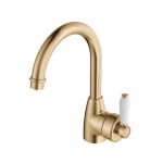 Eleanor Gooseneck Basin Mixer, Urban Brass With White Ceramic Handle