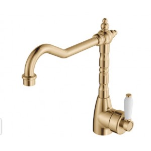 Eleanor Shepherds Crook Sink Mixer, Urban Brass With White Ceramic Handle