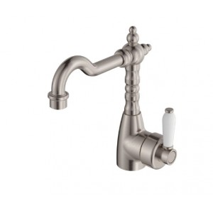 Eleanor Shepherds Crook Basin Mixer Brushed Nickel With White Ceramic Handle