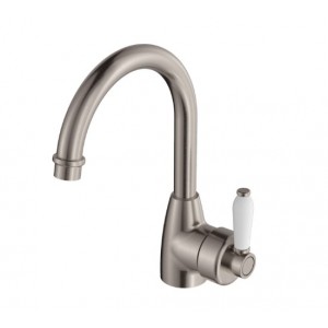 Eleanor Gooseneck Basin Mixer Brushed Nickel With White Ceramic Handle