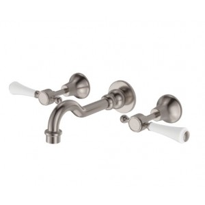 Lillian Lever Basin/Bath Wall Set Brushed Nickel With White Ceramic Handle